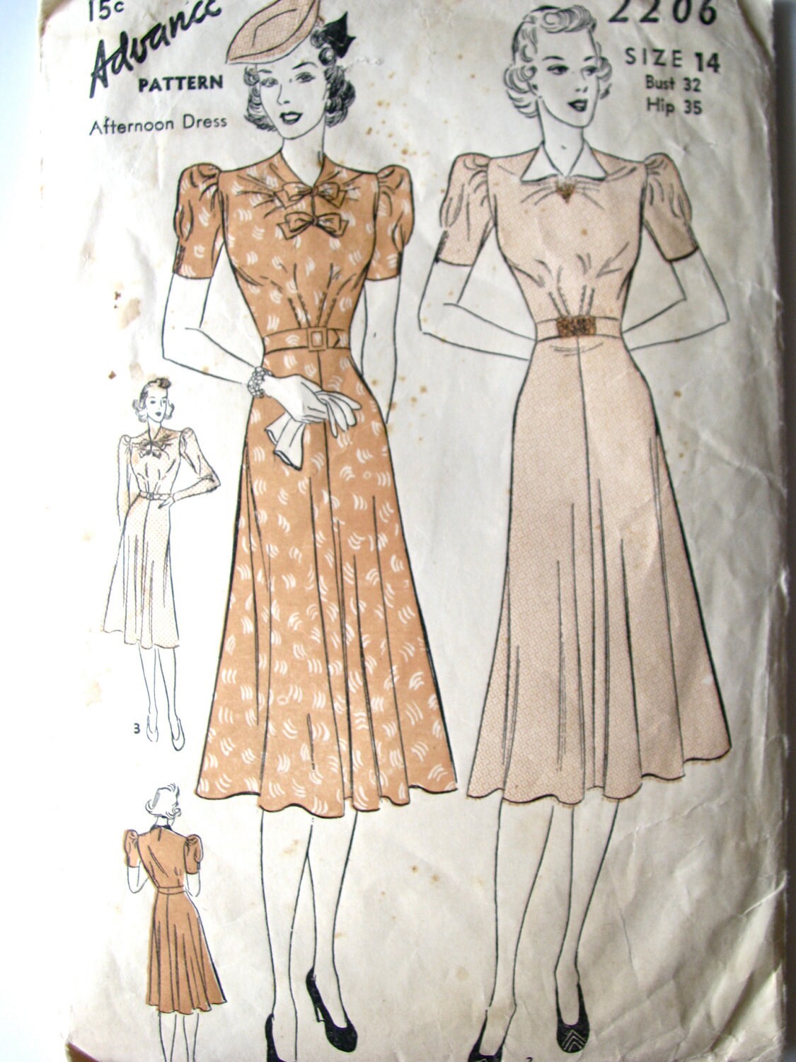 Vintage 30s Dress Pattern Advance 2206 Afternoon Dress