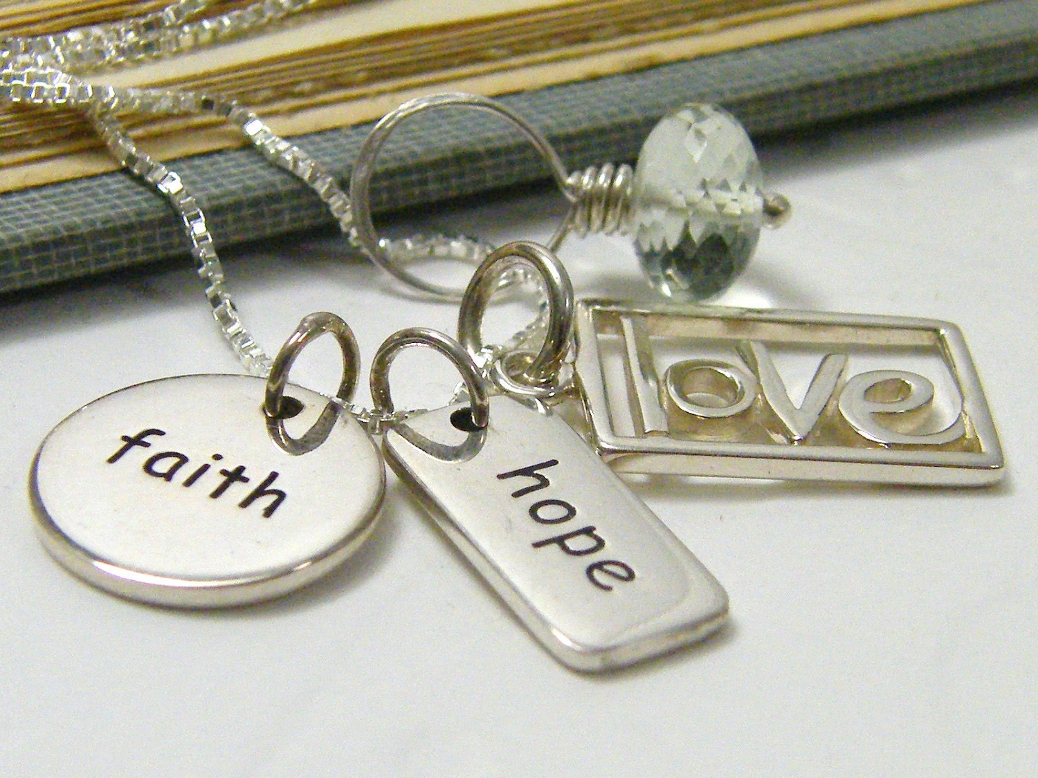 faith hope love necklace sterling silver charms and faceted