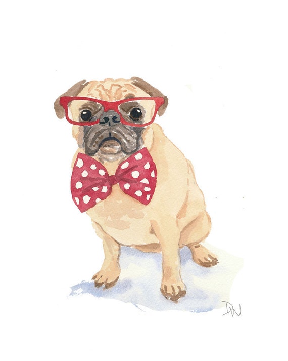 Dog Watercolor Pug Watercolor Red Glasses Bow Tie