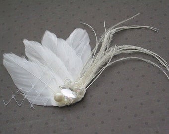 Wedding Feather Hair Accessory, Feather Fascinator, Bridal, Hair PIece, Small, White, Feather, Hair clip - WHITE WHISPER