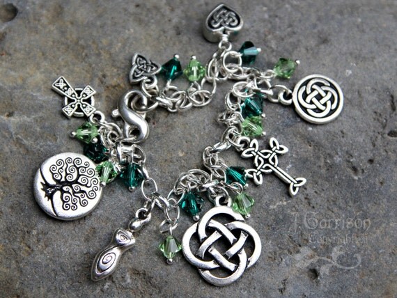 Deluxe Celtic Symbols Silver Charm bracelet with emerald & peridot ...