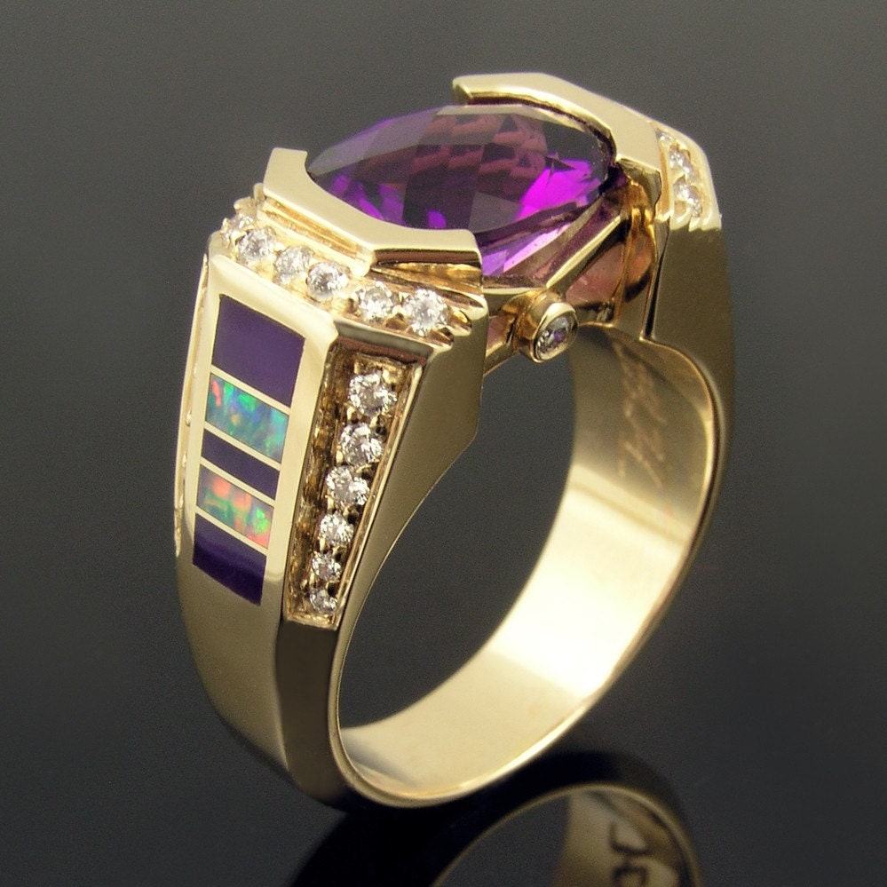 Australian opal inlay ring with sugilite diamonds and