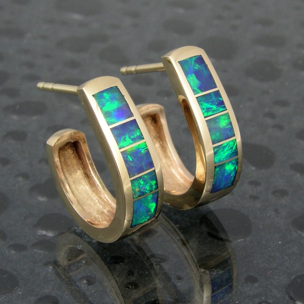Australian opal inlay 14k gold hoop earrings
