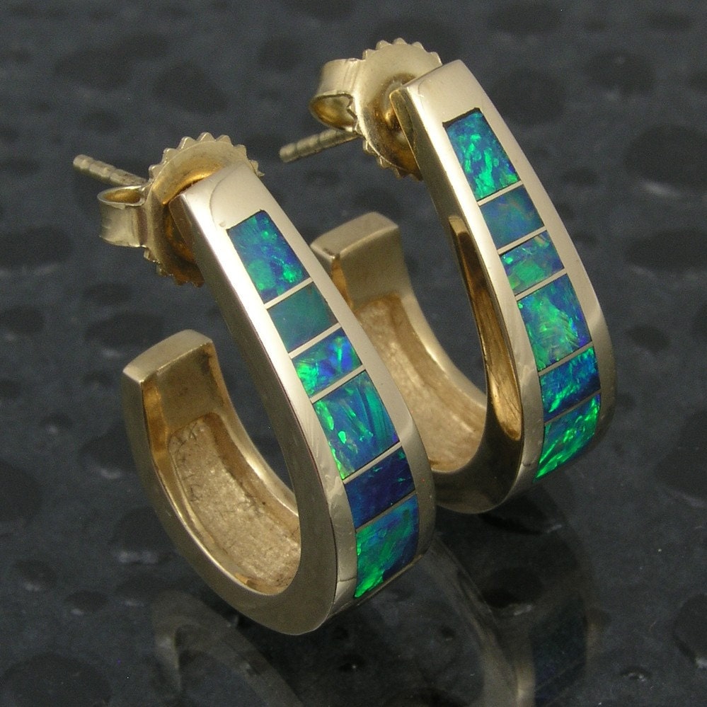 Australian opal inlay earrings in 14k gold by Mark Hileman