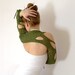 RESERVED green freeform crochet shrug / scarf - cotton, satin ribbon fringe - irregular openings - summer layering fashion - size S to M
