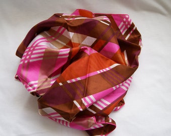 Retro Vintage Fashion Scarf 1970s Hot Pink Dark Maroon Tan Pumpkin Orange Brown Abstract Plaid Pattern on White Background NOS New Old Stock