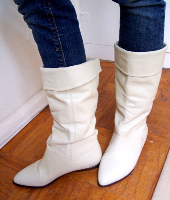 Vintage 80s Cream Leather Slouch Cuffed Boots 75 