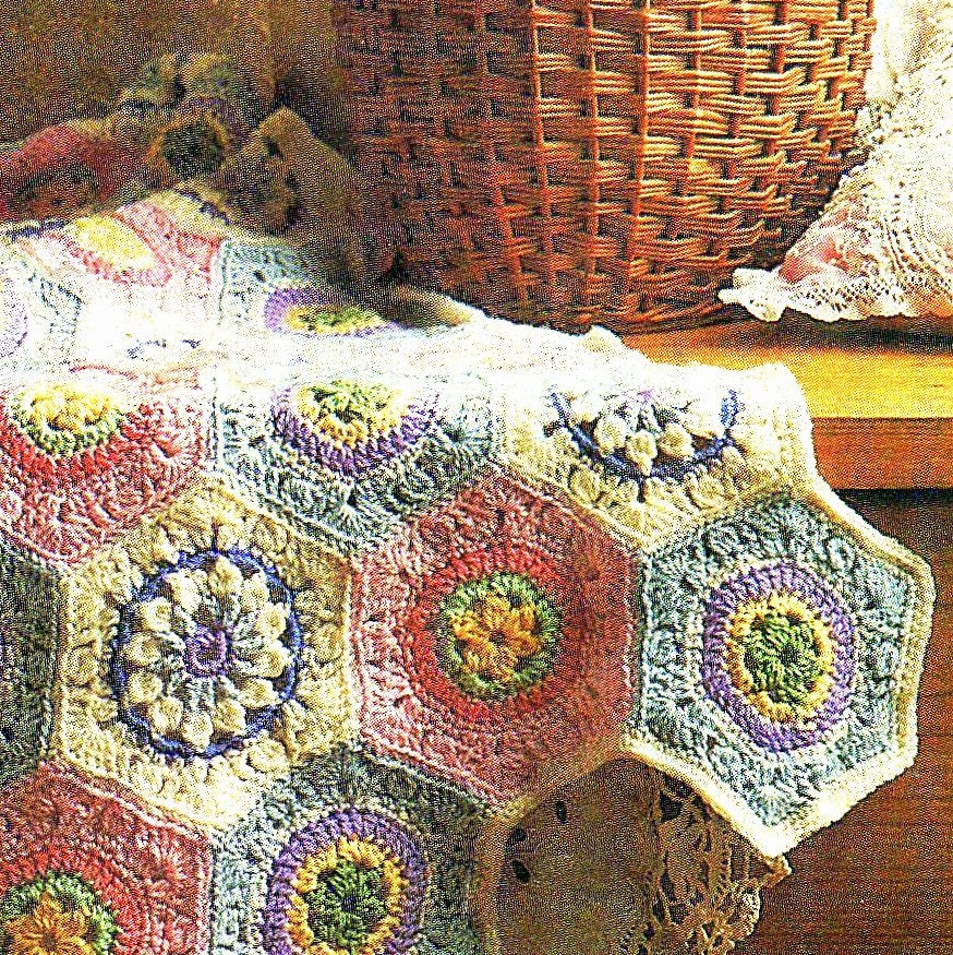 3 Vintage Hexagon Crochet Square Flower Motifs Granny Square