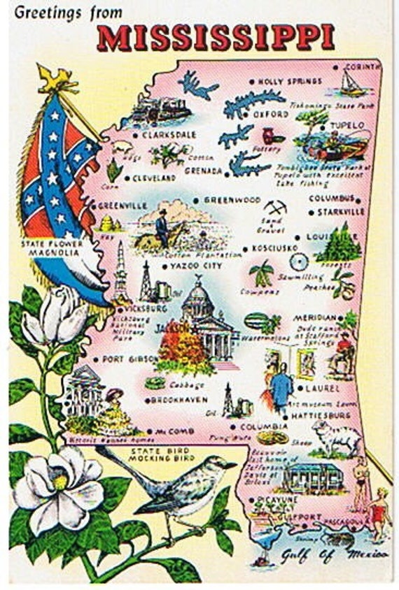 Vintage State Map Postcards Mississippi Postcard