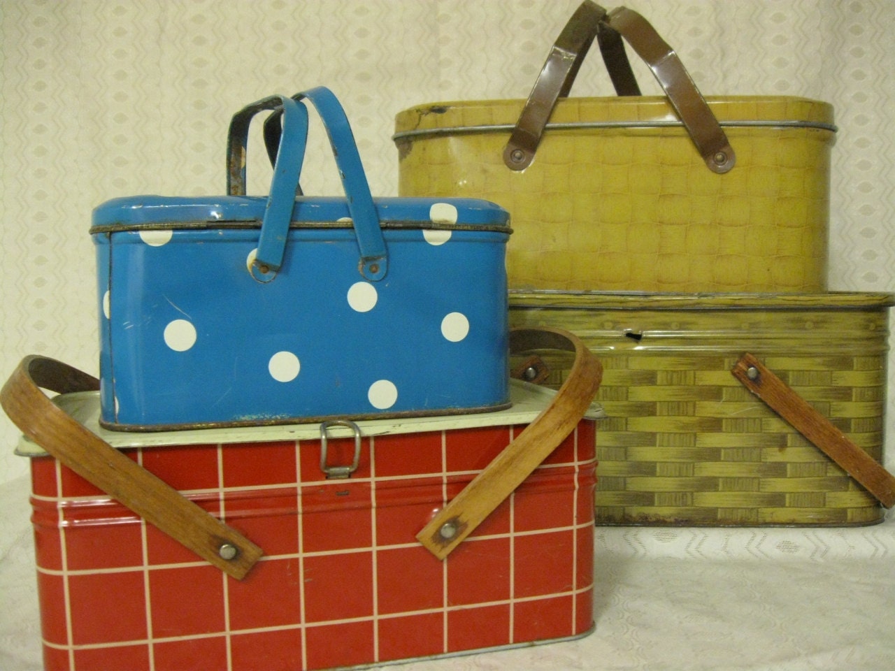 Four Vintage Tin Picnic Baskets and Bonus Too