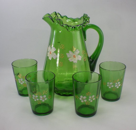 Antique Victorian Style Green Enamel Glass Lemonade Pitcher 1101