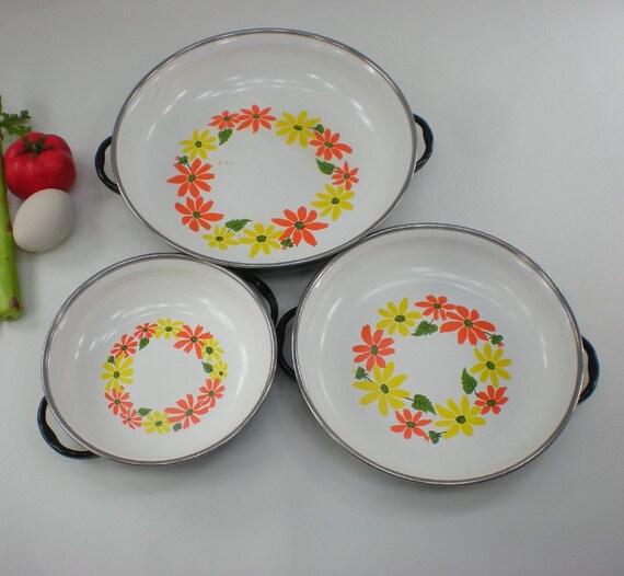 3 Ekco Country Garden Cookware Pans Enamel Porcelain Steel