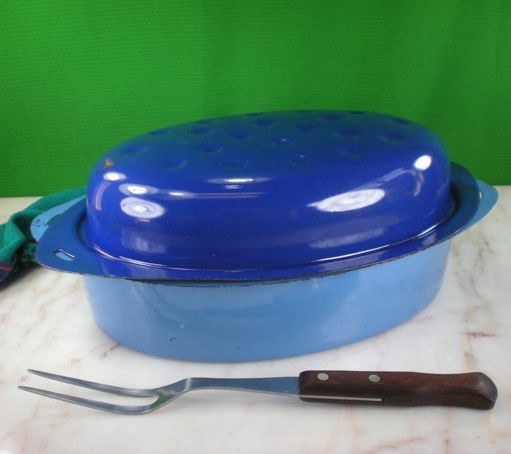 Bright Blue Enamel Roasting Pan Vintage Roaster