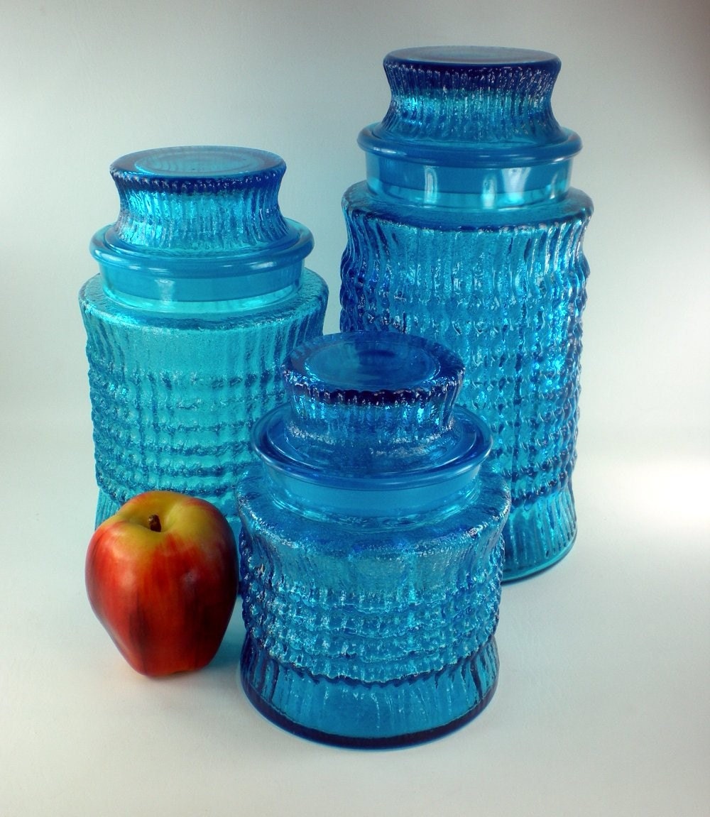 Blue Glass Mod Vintage Canisters Ground Lids 3 Set