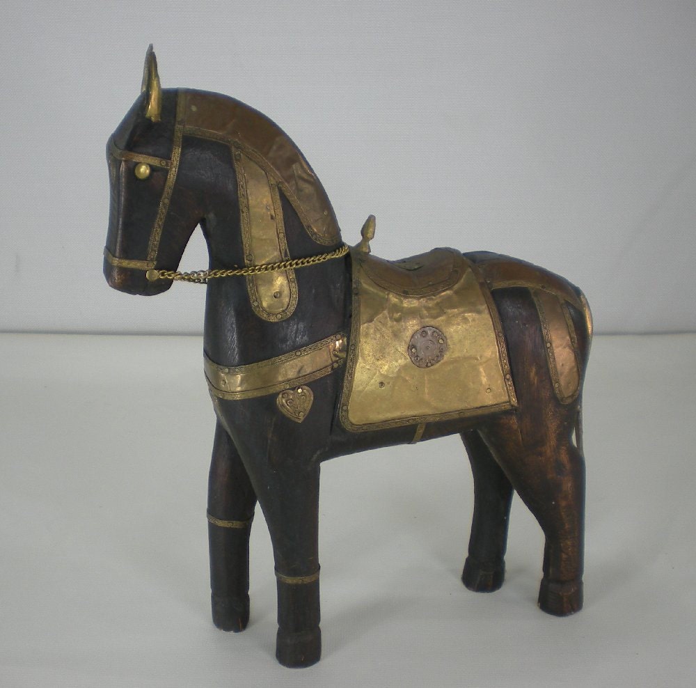 India Horse Wood Brass Sculpture Decorative Piece