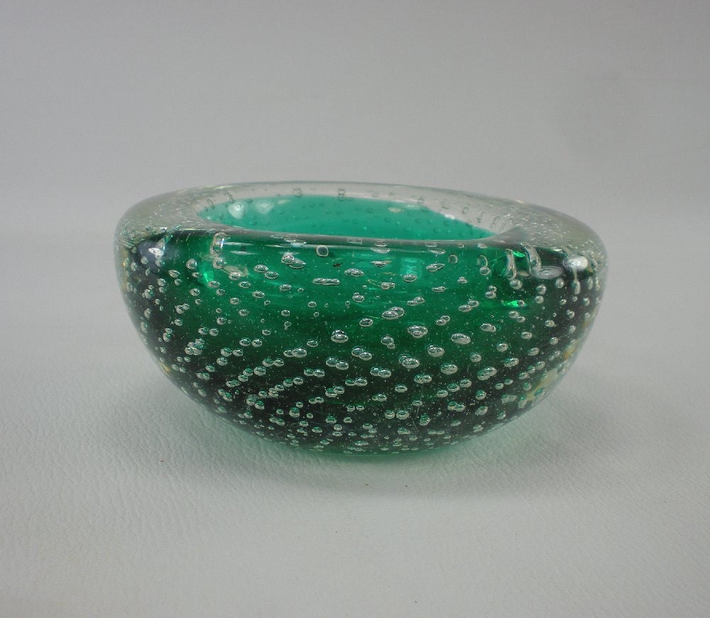 Murano Glass Ashtray Controlled Bubble Emerald Green Clear 7411