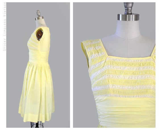 RESERVED : 1950's pastel yellow. lace. cotton. pleats.
