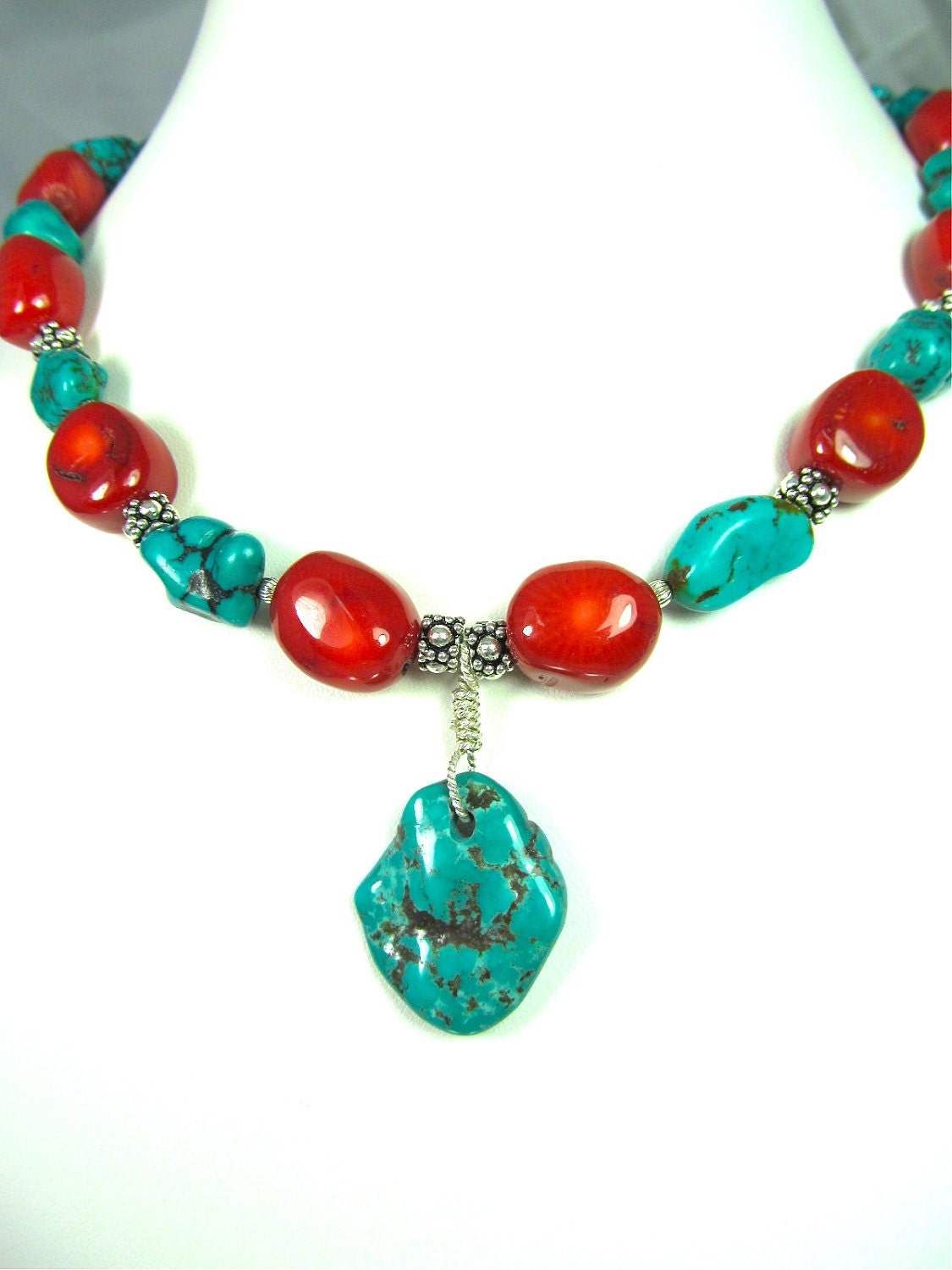 Chunky Turquoise and Red Coral Necklace