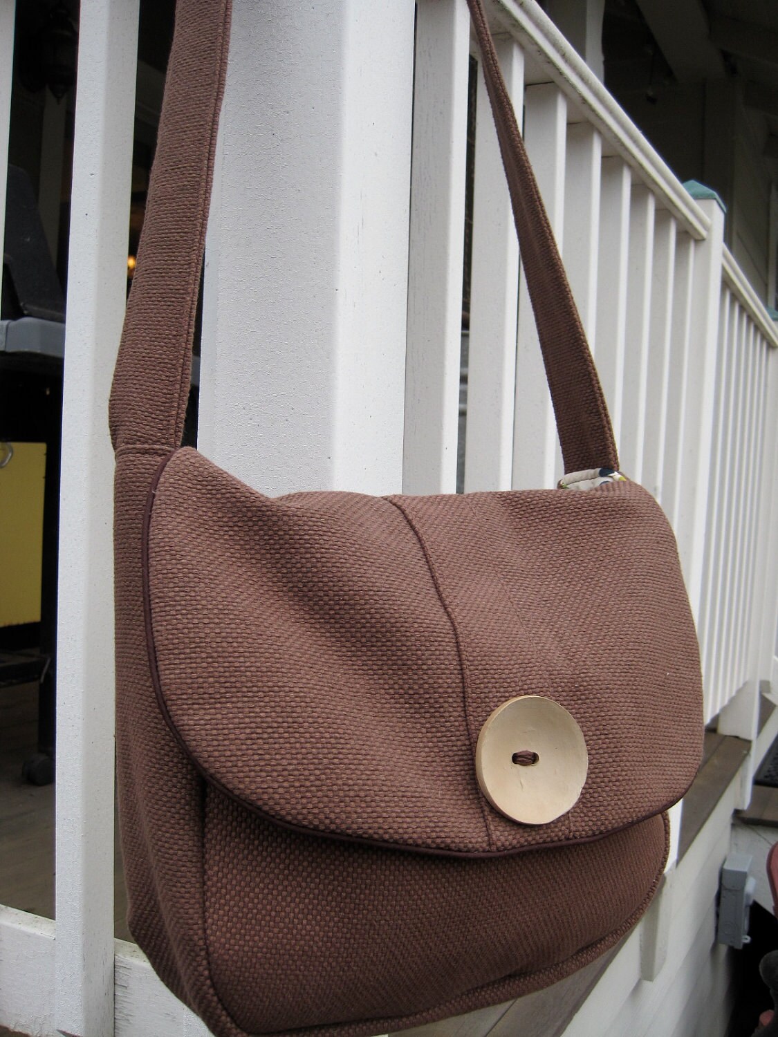 brown messenger bag purse with large button by SoShe on Etsy