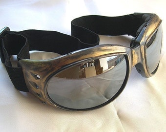 STEAMPUNK GOGGLES - Distressed Antique-Gold Cyber Rave Riding Motorcycle Goggles-Burning Man Goggles