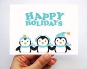 6 Penguin Christmas Cards - Happy Holidays Card with 3 Winter Penguins A40 Il_170x135
