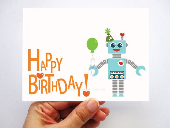 Cute robot card, Adorable Happy Birthday robot card A30 Il_570xn