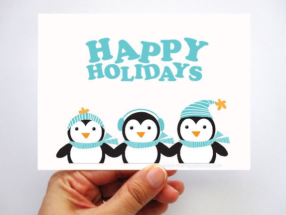 6 Penguin Christmas Cards - Happy Holidays Card with 3 Winter Penguins A40 Il_570xn
