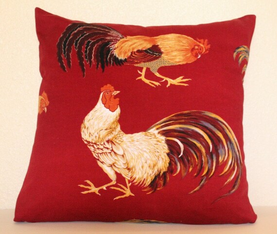 Roosters Pillow Cover Home Decor Fabric Burgundy Red Black