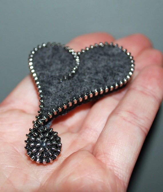 Items similar to Recycled Felted Wool Sweater/Zipper Brooch/Pin Gray