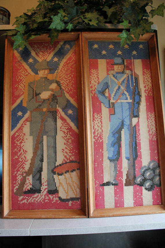 Civil War Wall Art Cross Stitch Wall Hanging Wood Frame Pair