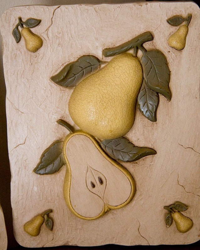 Fruit kitchen decor Vintage Fruit Plaques Apple and Pear for