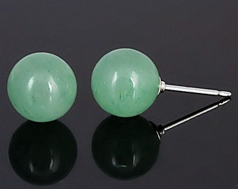 8mm Natural Green Jade Aventurine Ball Stud Post Earrings, Solid 925 Sterling Silver, Gemstone Earrings, Green Studs, Bridal Earrings