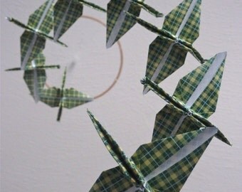 Origami Crane Mobile Children Decor Baby Mobile Paper Nursery Cabin Bedroom Forest Green Birds Plaid Eco Friendly
