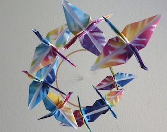 Origami Crane Mobile Baby Mobile Children Decor Eco Friendly Nursery Home Unique Rainbow Tie Dye Birds Kids Teen