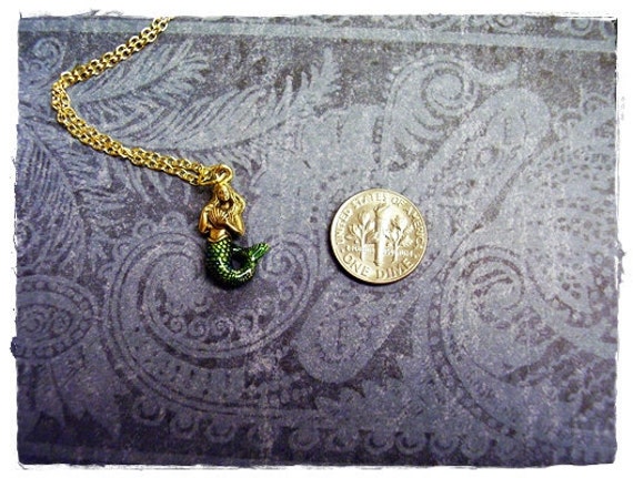 Blue Green Mermaid Necklace Enameled Antique Gold Pewter