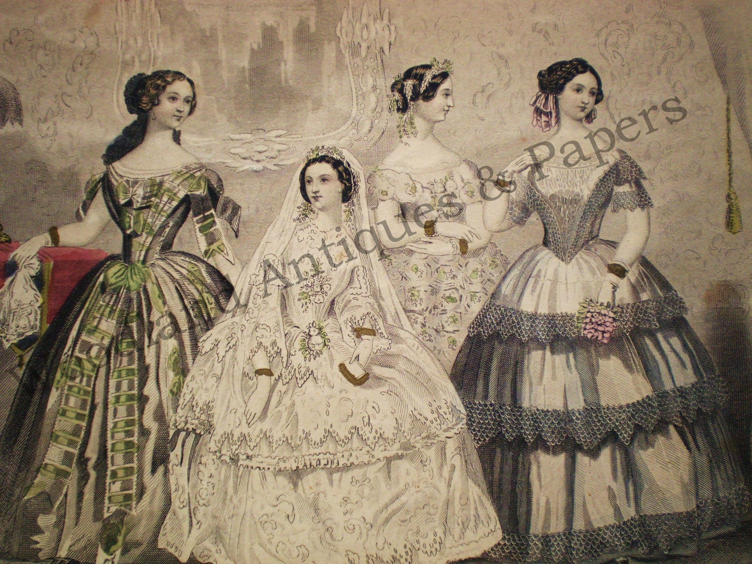 Antebellum bridal party wedding group 1856 handcolored