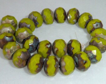 25 Czech Glass Fire Polish Roundel Beads in Opaque Wasabi Green with Diffusion 9x6mm Size