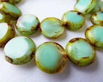 15 Czech Glass Flat Round Disc Beads in Light Sea Green Opal with Picasso Edges Size 11mm