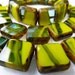 15 Czech Glass Squares in Opaque Olive Green with Aqua Blue Translucent Striations with Picasso edging