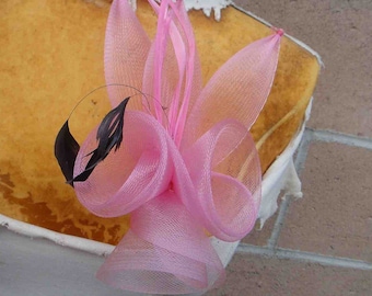 Cute flower applique pink color with feather and clip and pin back 1 piece listing