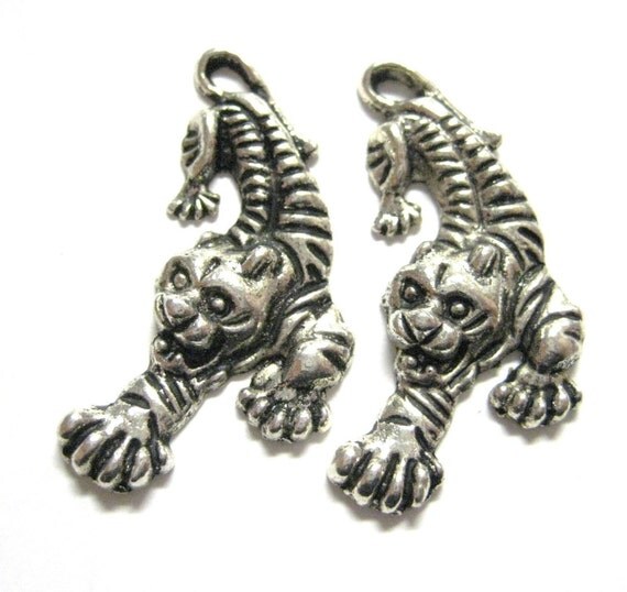 10pcs Tiger Charms Silver Tiger Pendants Large Crouching Cat