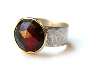 Red Garnet ring, Hammerd ring, Garnet stone ,silver ring , Gold and silver ring, Statement ring, Birthday gift, Birthstone ring