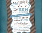 First Came the Lovin. Bun in the Oven Baby Shower Invite by Tipsy Graphics. Brown and Blue Il_170x135