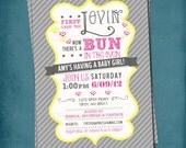 First Came the Lovin. Bun in the Oven Baby Shower Invite. Yellow Gray Pink by Tipsy Graphics. Any colors and text. Il_170x135