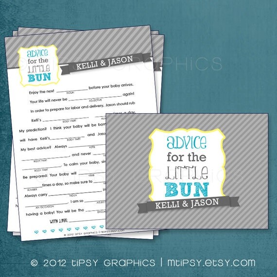 Bun In the Oven Funny Baby MadLibs. Advice for the Little Bun. By Tipsy Graphics. Printable Cards, any colors Il_570xn