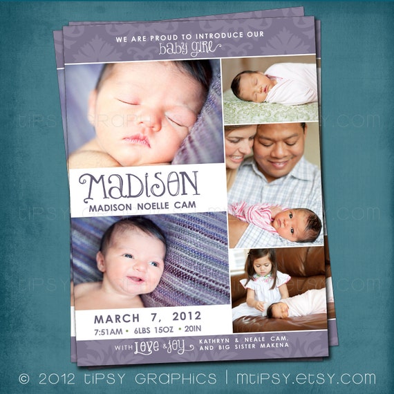 Big Damask 5 Photo Collage Birth Announcement by Tipsy Graphics. Any colors and text Il_570xn
