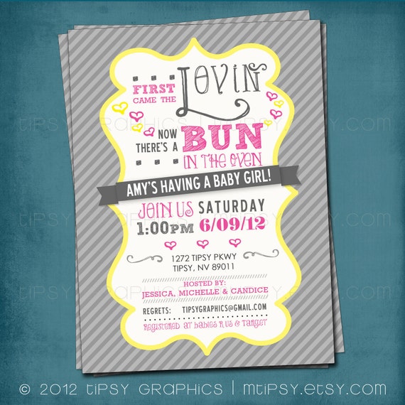 First Came the Lovin. Bun in the Oven Baby Shower Invite. Yellow Gray Pink by Tipsy Graphics. Any colors and text. Il_570xn