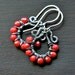 Handmade beaded hoops, red coral, oxidized copper, wire wrapped earrings, red earrings, sterling silver, Mimi Michele Jewelry