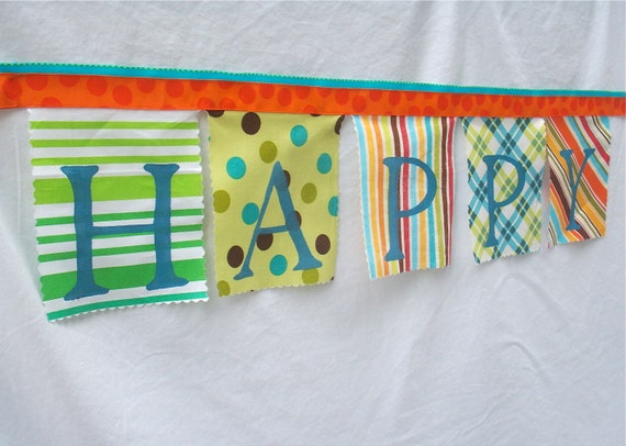 Birthday Banner Whimsical Bunting in Aqua Blue Orange Lime