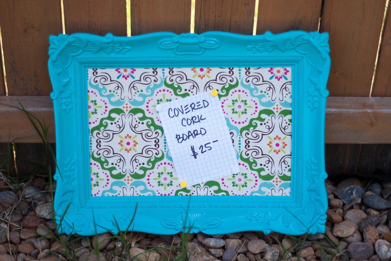 bulletin board. turquoise frame. fabric covered. by duvdesigns